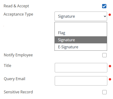 The Acceptance Type drop-down shown when creating a document.