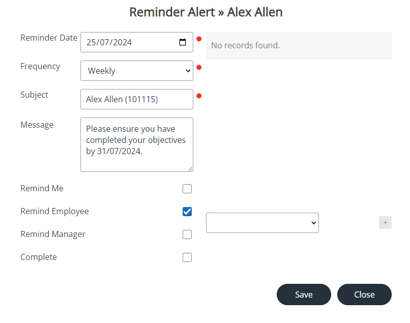 The Reminder Alert screen fields. 