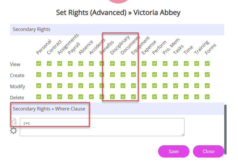 The Secondary Set Rights of an individual with the Disciplinary checkboxes selected. 