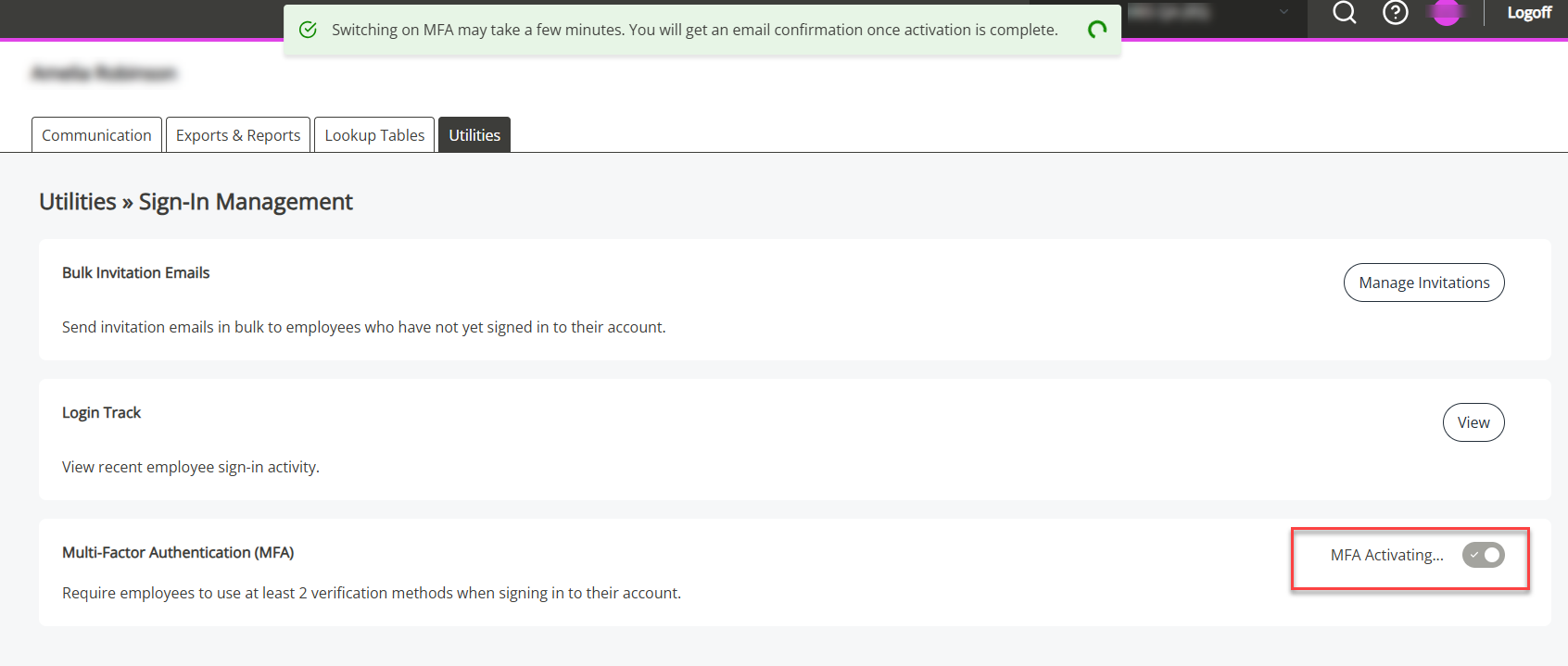The Mfa Activating option on the Sign-In Management screen.