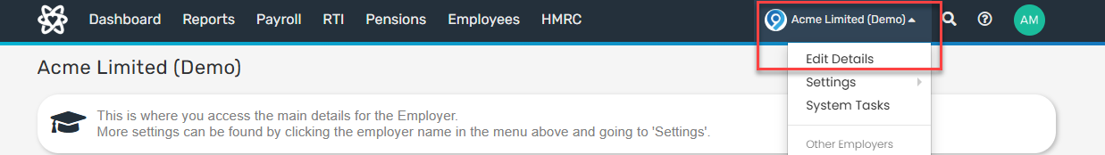The Edit Details menu item in Staffology Payroll.