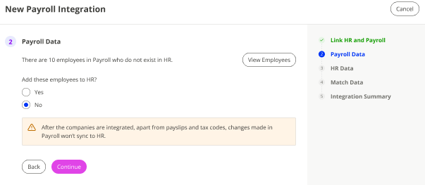 The Payroll Data screen when you choose to add Payroll employees to HR.